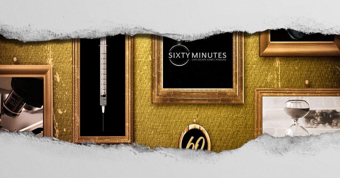 An escape room with decorative elements like golden frames and a syringe on the wall. | © Sixty Minutes - Escape Room Neukirchen