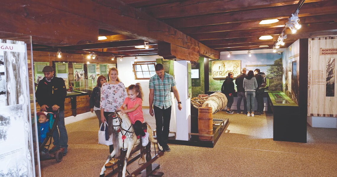 Family at Noriker Museum Niedernsill, child on wooden horse and visitors exploring exhibits. | © Allmayer Gerd